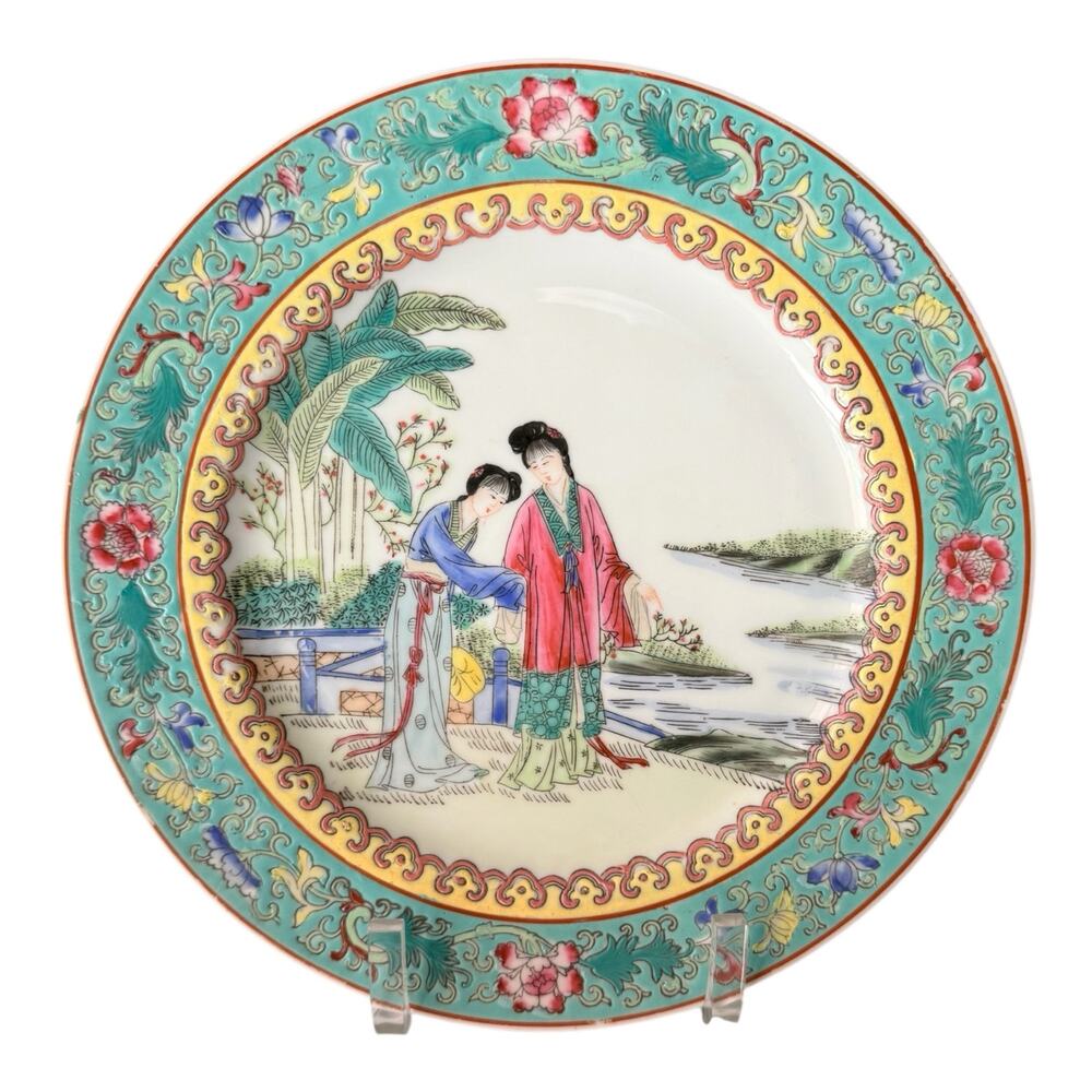 Chinese Famille Verte Porcelain Plate 10 Inch Hand Painted Ladies Qianlong Mark